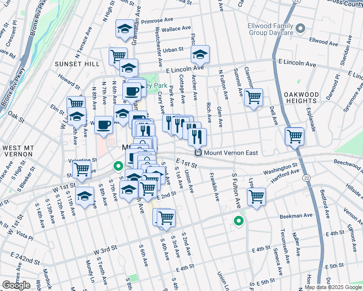map of restaurants, bars, coffee shops, grocery stores, and more near 19 Elm Avenue in Mount Vernon