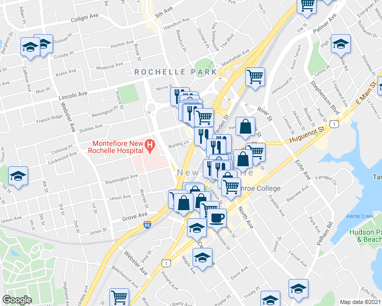 map of restaurants, bars, coffee shops, grocery stores, and more near New England Thruway in New Rochelle