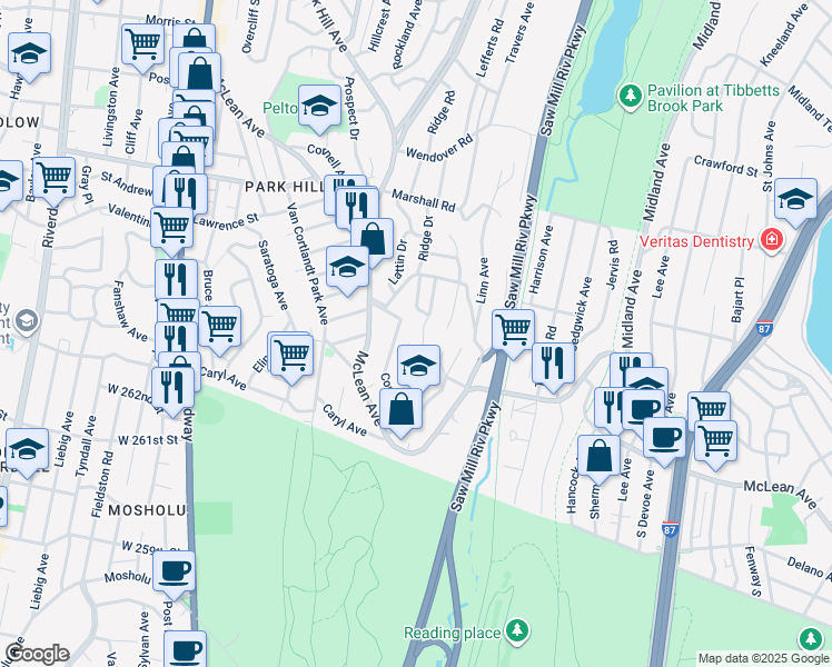 map of restaurants, bars, coffee shops, grocery stores, and more near 47 Gibson Place in Yonkers