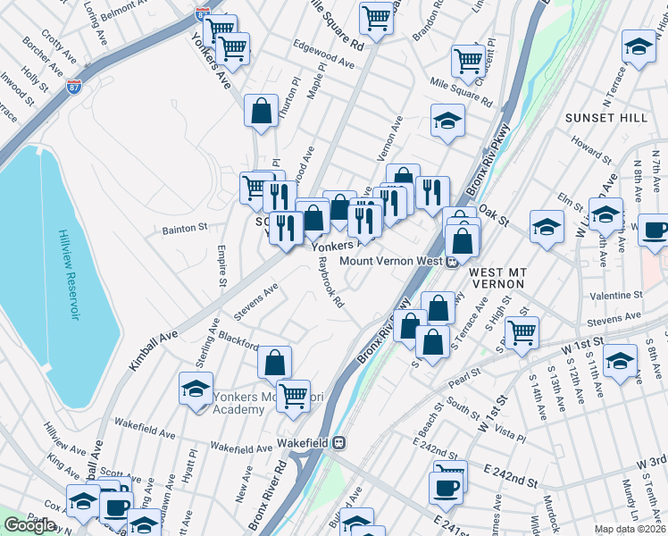 map of restaurants, bars, coffee shops, grocery stores, and more near 32 Secor Place in Yonkers