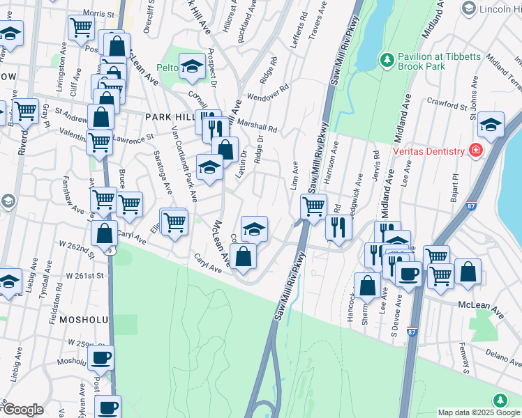 map of restaurants, bars, coffee shops, grocery stores, and more near 42 Gibson Place in Yonkers