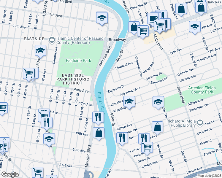 map of restaurants, bars, coffee shops, grocery stores, and more near 15 Elmwood Drive in Elmwood Park