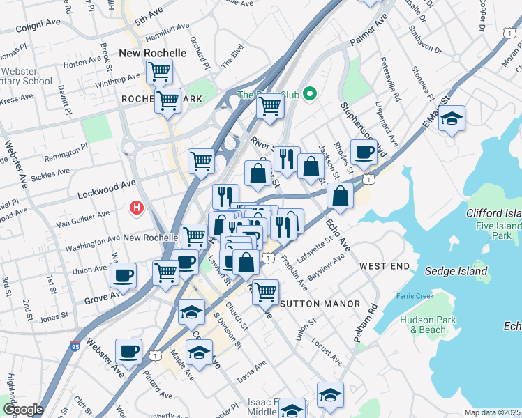 map of restaurants, bars, coffee shops, grocery stores, and more near 65 Harrison Street in New Rochelle