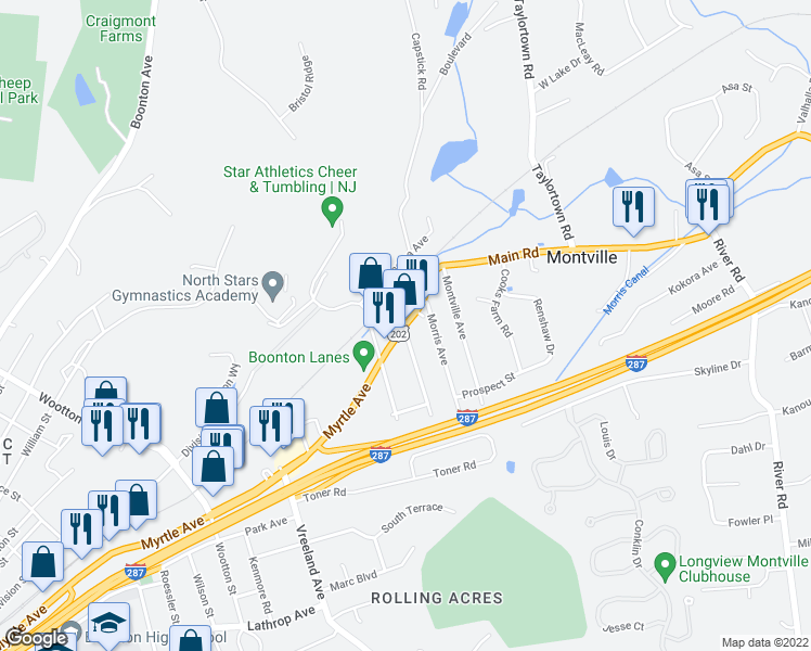 map of restaurants, bars, coffee shops, grocery stores, and more near 19 Main Road in Montville
