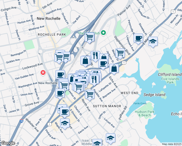 map of restaurants, bars, coffee shops, grocery stores, and more near 65 Harrison Street in New Rochelle