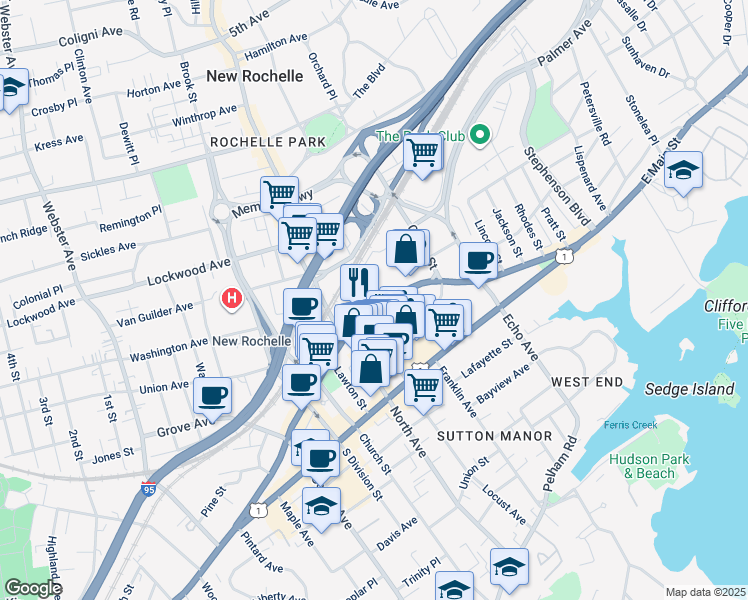 map of restaurants, bars, coffee shops, grocery stores, and more near 33 Lecount Place in New Rochelle