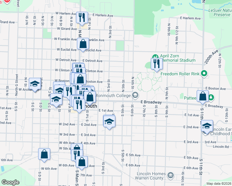 map of restaurants, bars, coffee shops, grocery stores, and more near 505 East Archer Avenue in Monmouth