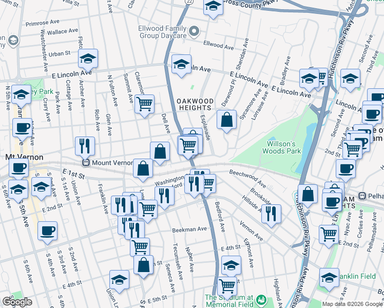 map of restaurants, bars, coffee shops, grocery stores, and more near 25 North Columbus Avenue in Mount Vernon