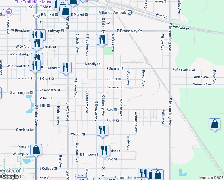 map of restaurants, bars, coffee shops, grocery stores, and more near 928 South Webb Avenue in Alliance