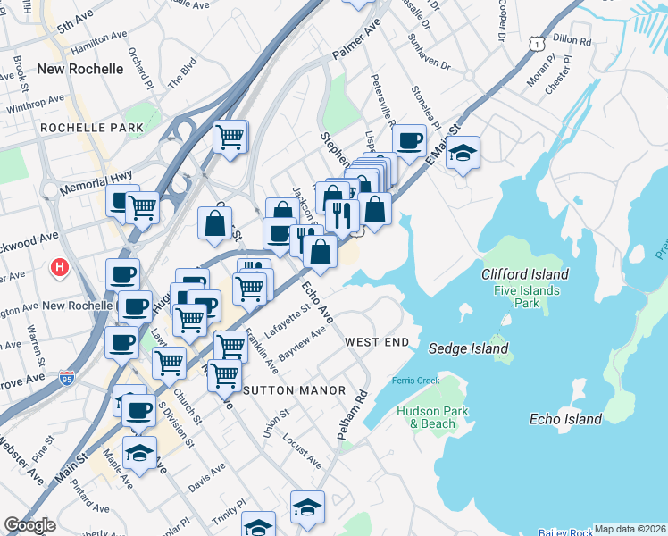 map of restaurants, bars, coffee shops, grocery stores, and more near 300 Main Street in New Rochelle