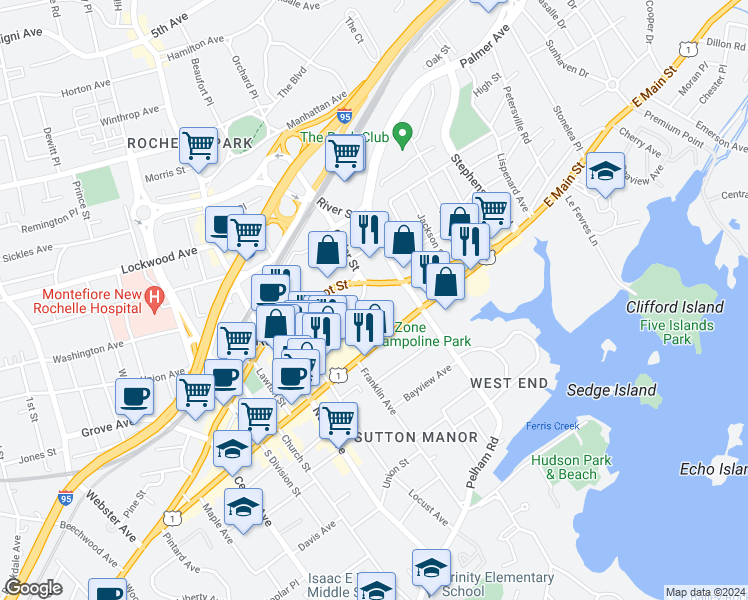 map of restaurants, bars, coffee shops, grocery stores, and more near 361 Main Street in New Rochelle