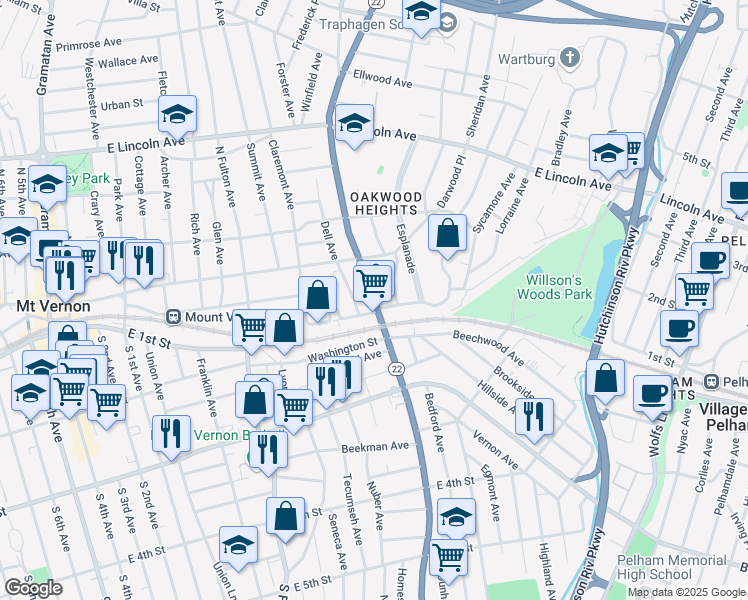 map of restaurants, bars, coffee shops, grocery stores, and more near 14 North Columbus Avenue in Mount Vernon