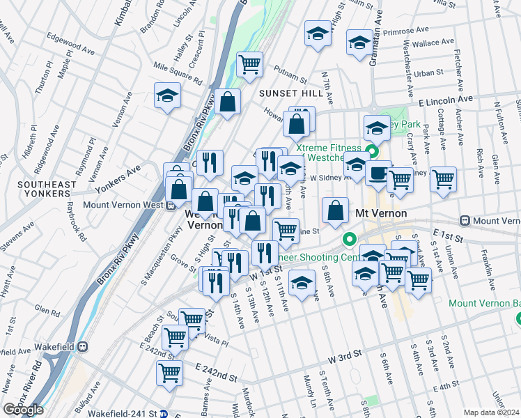 map of restaurants, bars, coffee shops, grocery stores, and more near 33 North Bleeker Street in Mount Vernon