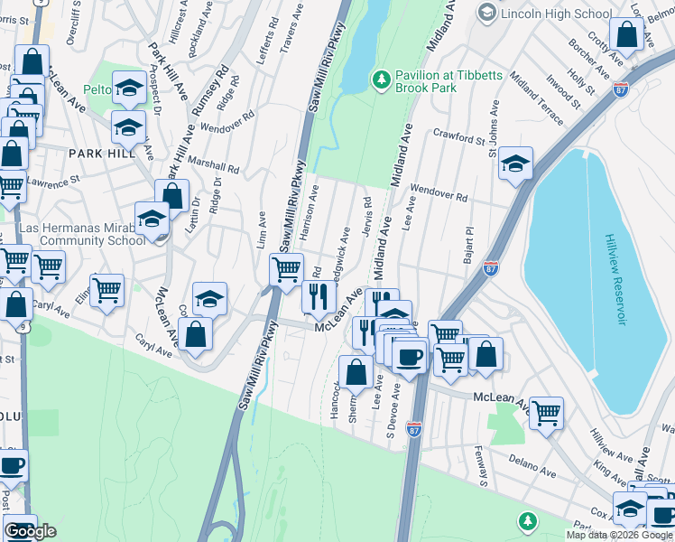 map of restaurants, bars, coffee shops, grocery stores, and more near 26 Jervis Road in Yonkers