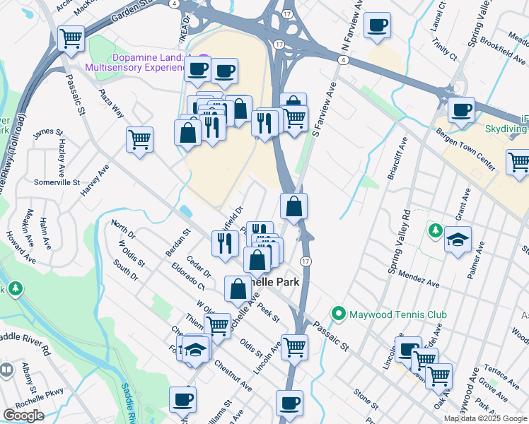 map of restaurants, bars, coffee shops, grocery stores, and more near 115 Westview Avenue in Paramus