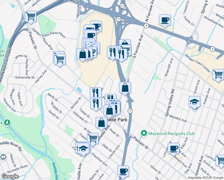 map of restaurants, bars, coffee shops, grocery stores, and more near 115 Westview Avenue in Paramus