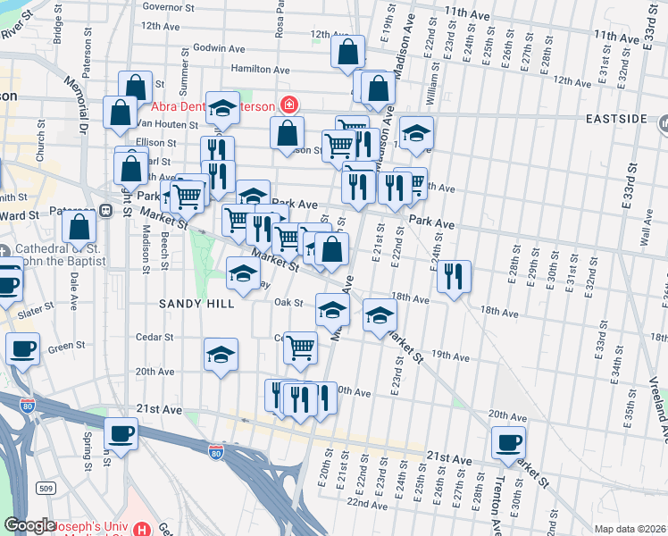 map of restaurants, bars, coffee shops, grocery stores, and more near 499 Market Street in Paterson