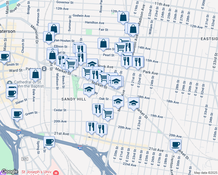 map of restaurants, bars, coffee shops, grocery stores, and more near 74 Pennington Street in Paterson