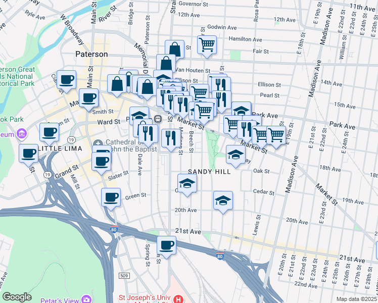map of restaurants, bars, coffee shops, grocery stores, and more near 63 Beech Street in Paterson