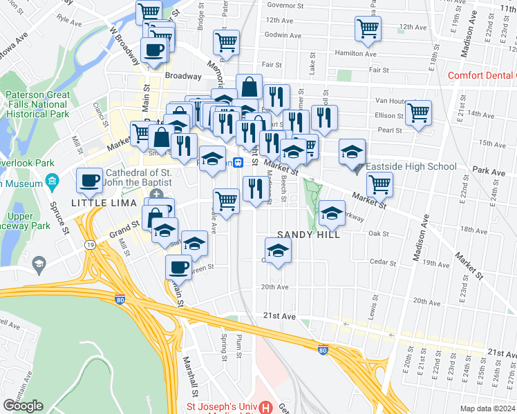 map of restaurants, bars, coffee shops, grocery stores, and more near 343 Straight Street in Paterson