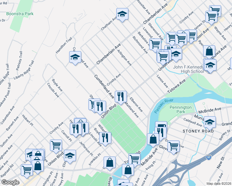 map of restaurants, bars, coffee shops, grocery stores, and more near 145 Maitland Avenue in Paterson