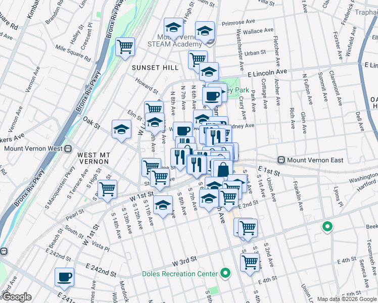 map of restaurants, bars, coffee shops, grocery stores, and more near 12 North 7th Avenue in Mount Vernon