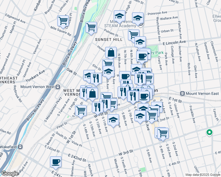 map of restaurants, bars, coffee shops, grocery stores, and more near 20 North 9th Avenue in Mount Vernon