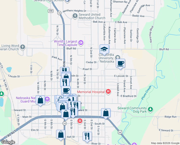 map of restaurants, bars, coffee shops, grocery stores, and more near 623 North 2nd Street in Seward
