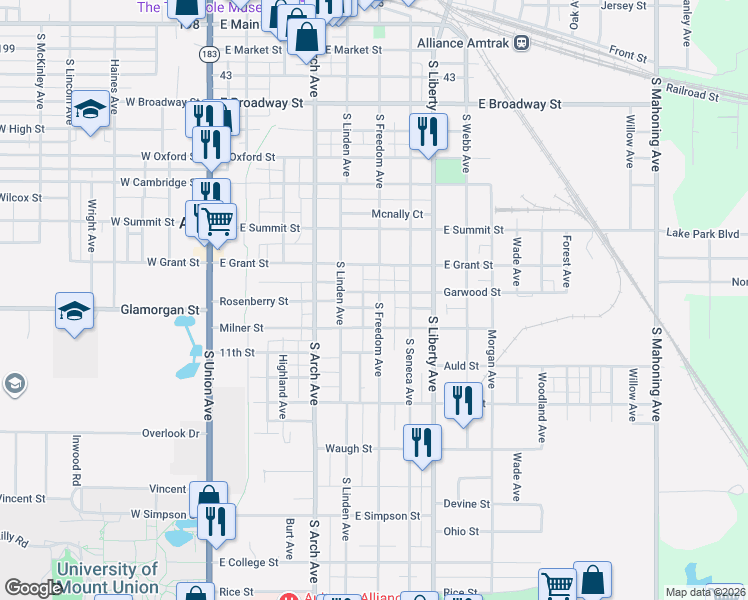 map of restaurants, bars, coffee shops, grocery stores, and more near 935 South Freedom Avenue in Alliance