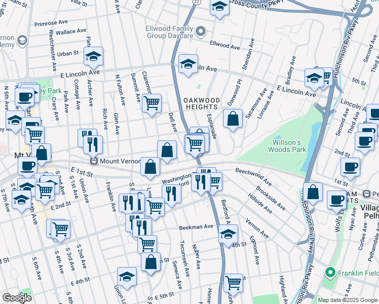 map of restaurants, bars, coffee shops, grocery stores, and more near 14 North Columbus Avenue in Mount Vernon