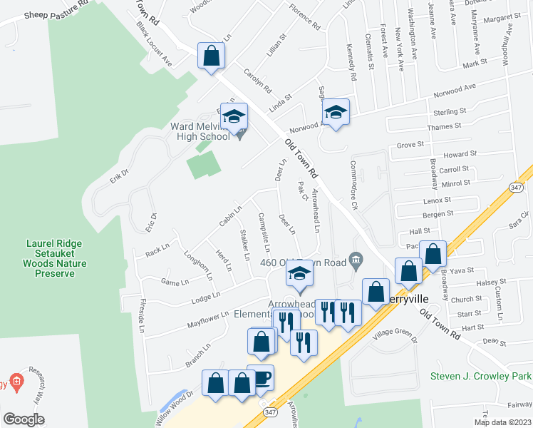 map of restaurants, bars, coffee shops, grocery stores, and more near 19 Campsite Lane in Setauket- East Setauket
