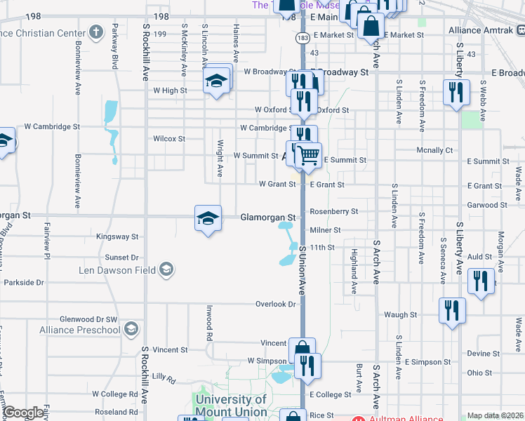 map of restaurants, bars, coffee shops, grocery stores, and more near 111 Glamorgan Street in Alliance