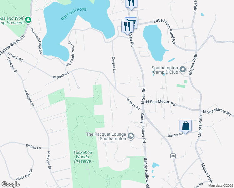 map of restaurants, bars, coffee shops, grocery stores, and more near 46 West Neck Road in Southampton