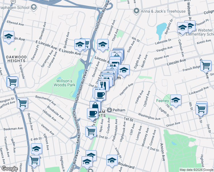 map of restaurants, bars, coffee shops, grocery stores, and more near 108 Fifth Avenue in Village of Pelham