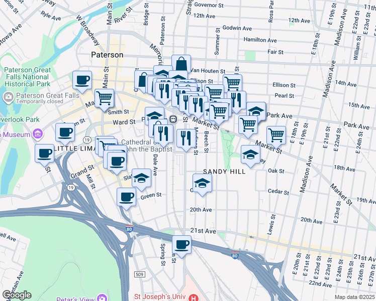 map of restaurants, bars, coffee shops, grocery stores, and more near 343 Straight Street in Paterson