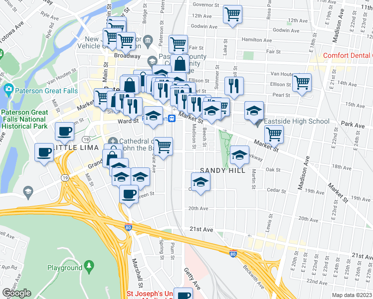 map of restaurants, bars, coffee shops, grocery stores, and more near 343 Straight Street in Paterson