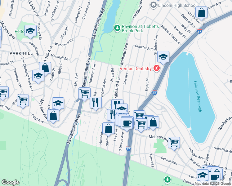 map of restaurants, bars, coffee shops, grocery stores, and more near 20 Midland Avenue in Yonkers