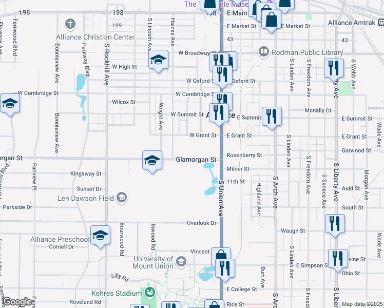 map of restaurants, bars, coffee shops, grocery stores, and more near 111 Glamorgan Street in Alliance