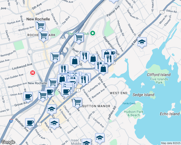 map of restaurants, bars, coffee shops, grocery stores, and more near 361 Main Street in New Rochelle