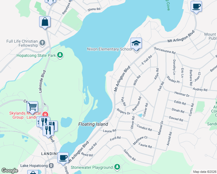 map of restaurants, bars, coffee shops, grocery stores, and more near 7 Silver Springs Drive in Roxbury Township