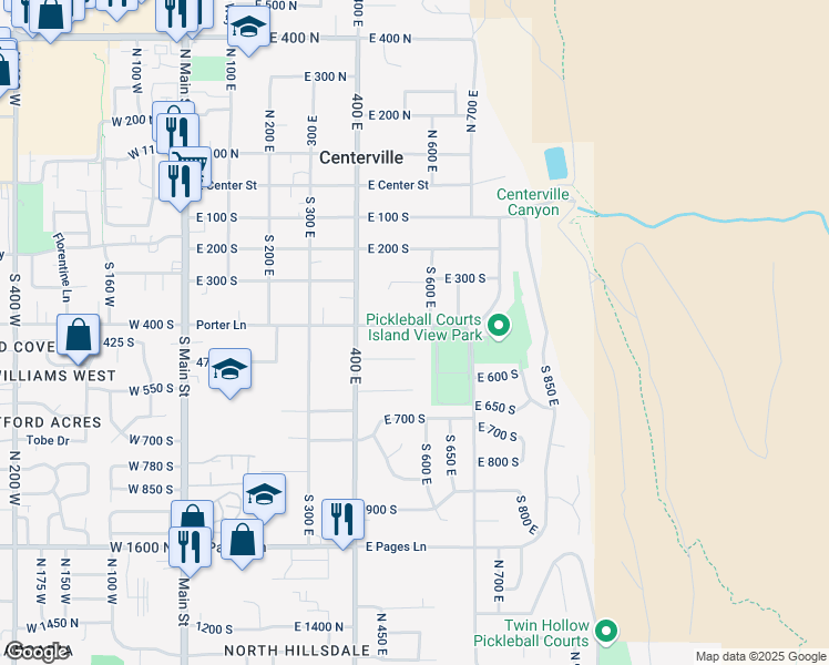 map of restaurants, bars, coffee shops, grocery stores, and more near 570 East 400 South in Centerville