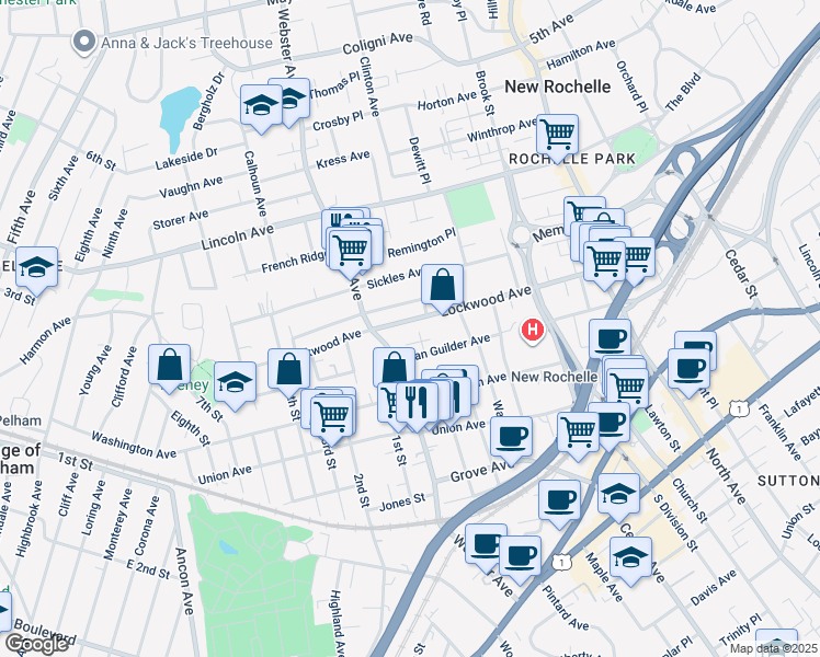 map of restaurants, bars, coffee shops, grocery stores, and more near 29 Harold Court in New Rochelle