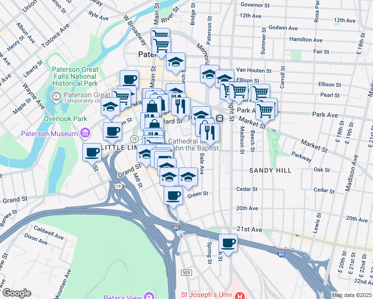 map of restaurants, bars, coffee shops, grocery stores, and more near 418 Grand Street in Paterson