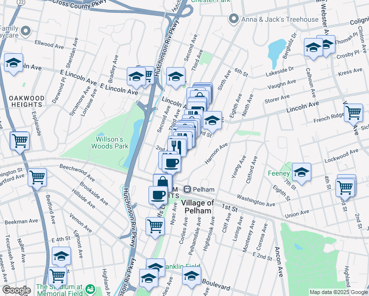 map of restaurants, bars, coffee shops, grocery stores, and more near 108 Fifth Avenue in Village of Pelham