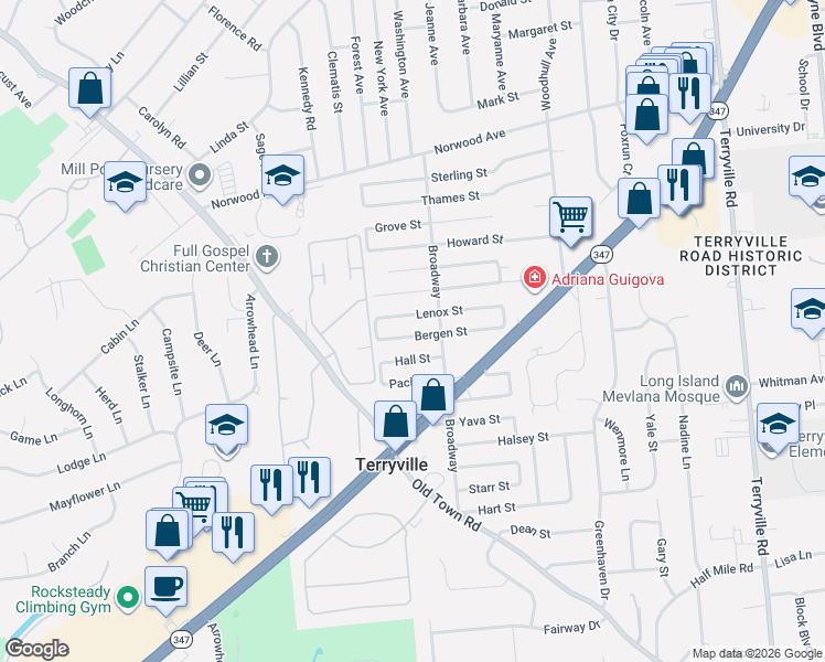 map of restaurants, bars, coffee shops, grocery stores, and more near 191 Bergen Street in Port Jefferson Station