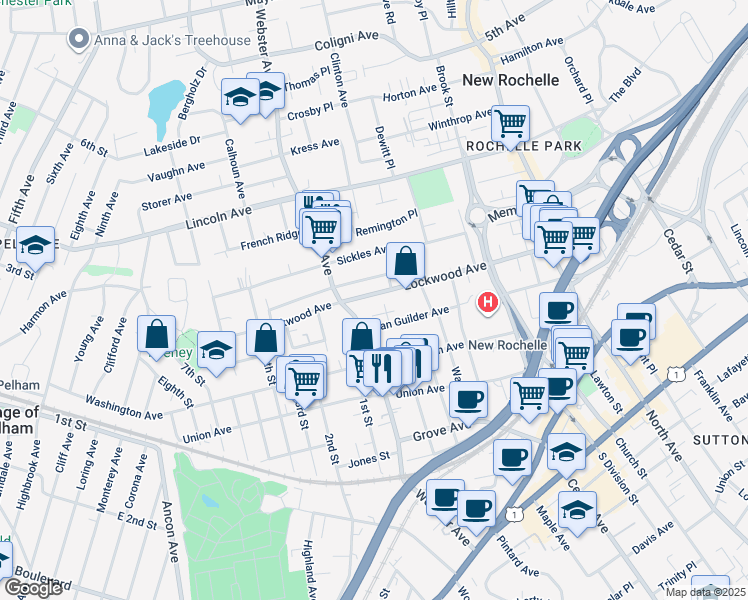 map of restaurants, bars, coffee shops, grocery stores, and more near 29 Harold Court in New Rochelle