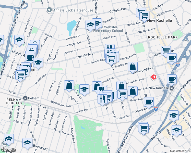 map of restaurants, bars, coffee shops, grocery stores, and more near 138 Colonial Place in New Rochelle