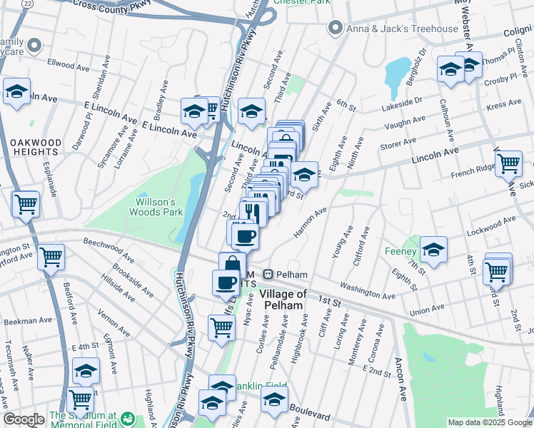 map of restaurants, bars, coffee shops, grocery stores, and more near 108 Fifth Avenue in Village of Pelham