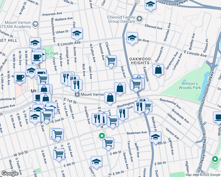 map of restaurants, bars, coffee shops, grocery stores, and more near 168 Elm Avenue in Mount Vernon