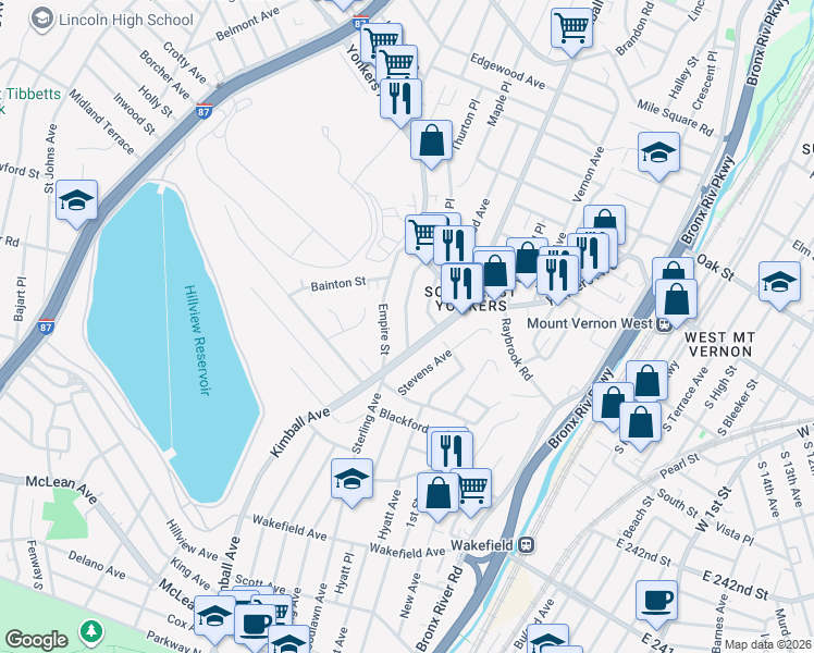 map of restaurants, bars, coffee shops, grocery stores, and more near 301 Kimball Avenue in Yonkers